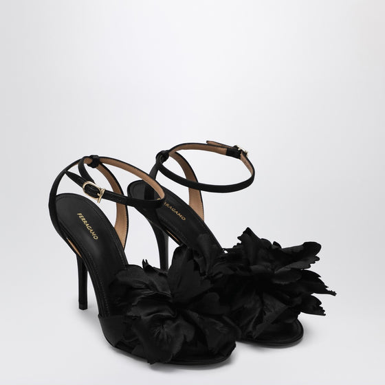 Ferragamo Black satin flower sandals