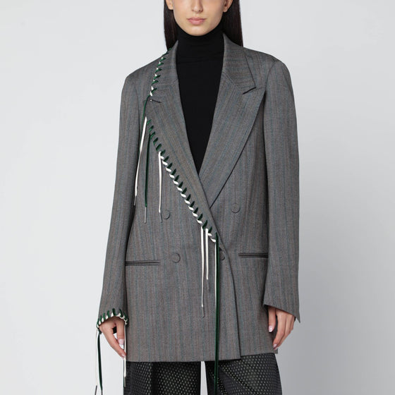 Dries Van Noten Grey double-breasted jacket with embroidered stitch decorations
