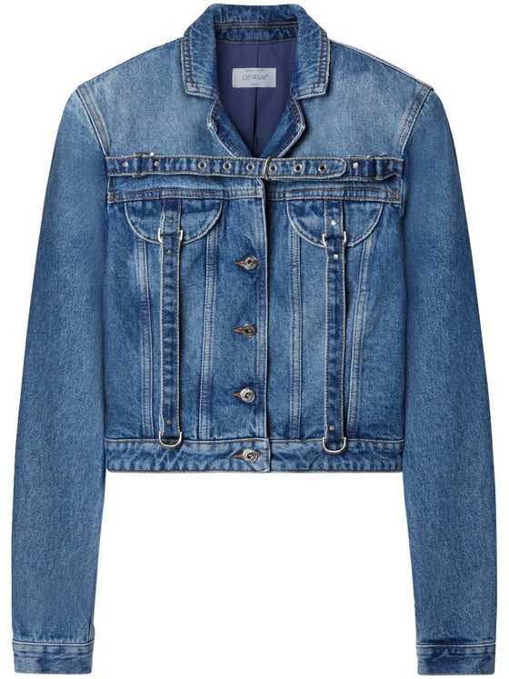 Off White Crop Denim Jacket With Belt