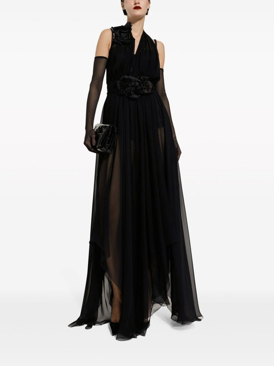 Dolce & Gabbana Long silk chiffon dress with floral appliqué