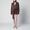 ROTATE Short chiffon dress with deep V-neck and bow, brown