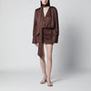 ROTATE Short chiffon dress with deep V-neck and bow, brown