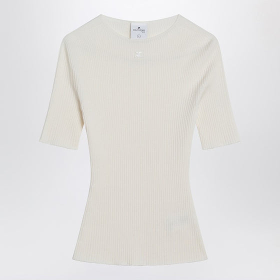 Courreges Courrèges White ribbed sweater in cotton and wool