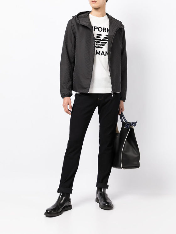 Emporio Armani Hooded jacket with zip in nylon jacquard eagle all over