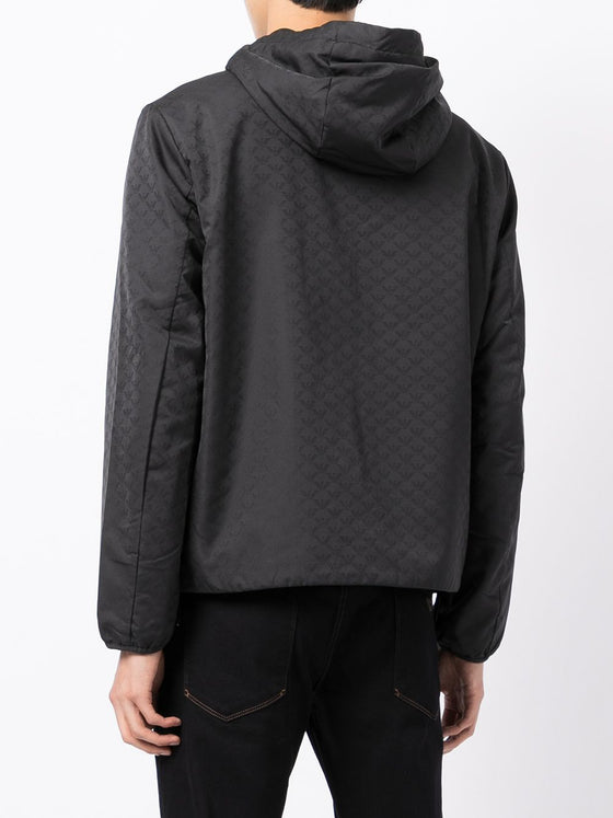 Emporio Armani Hooded jacket with zip in nylon jacquard eagle all over