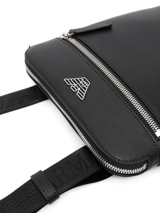 Emporio Armani ASV regenerated Saffiano leather flat shoulder bag with eagle plate