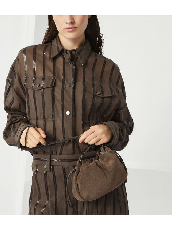 Brunello Cucinelli Mellow mini bucket bag in suede with precious chain