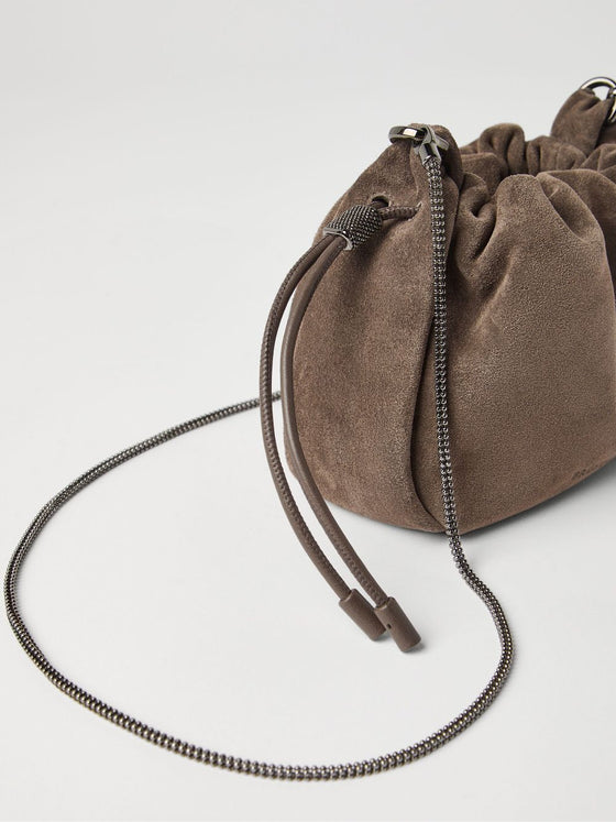 Brunello Cucinelli Mellow mini bucket bag in suede with precious chain