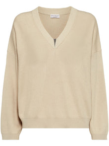  Brunello Cucinelli cotton english rib sweater with shiny detail