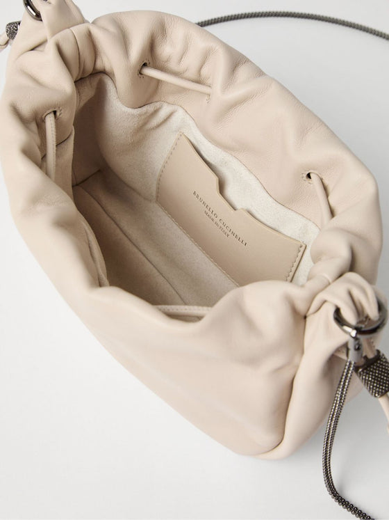 Brunello Cucinelli Bucket Mellow mini bag in Soft leather with Precious Chain