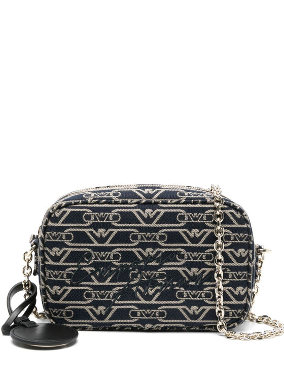 Emporio Armani Jacquard canvas camera case with all-over monogram and chain shoulder strap