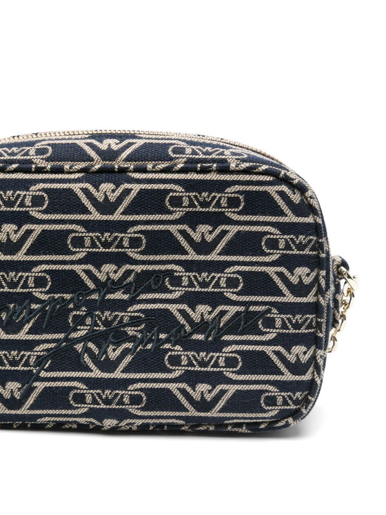 Emporio Armani Jacquard canvas camera case with all-over monogram and chain shoulder strap
