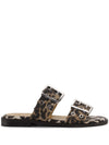 Ganni Leopard Denim Feminine Buckle Two-Strap Sandals