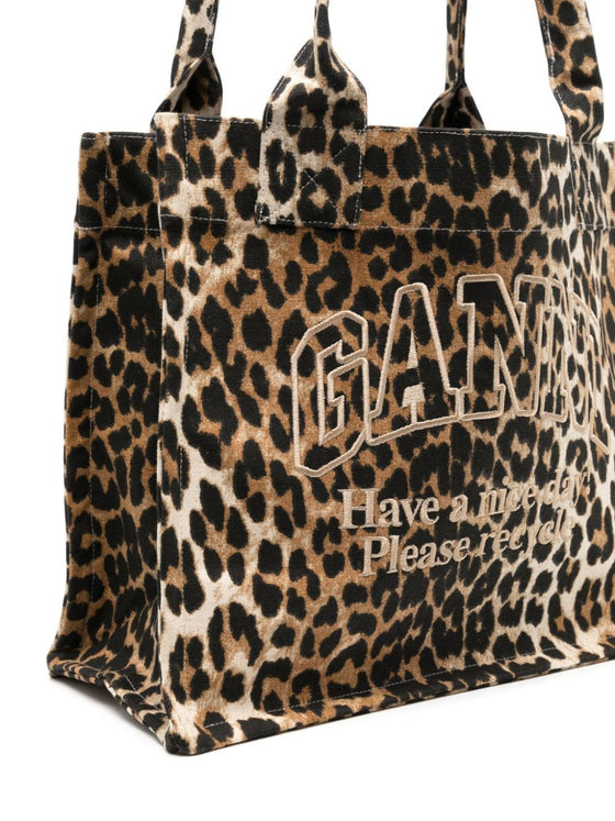 Ganni large leopard-print canvas tote bag