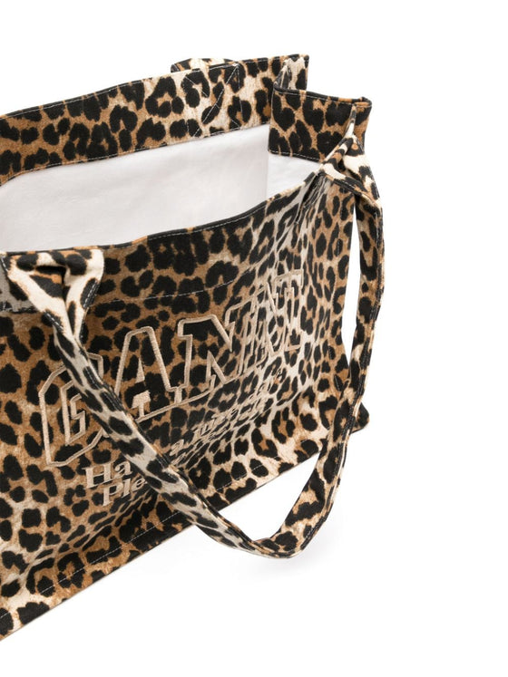 Ganni large leopard-print canvas tote bag