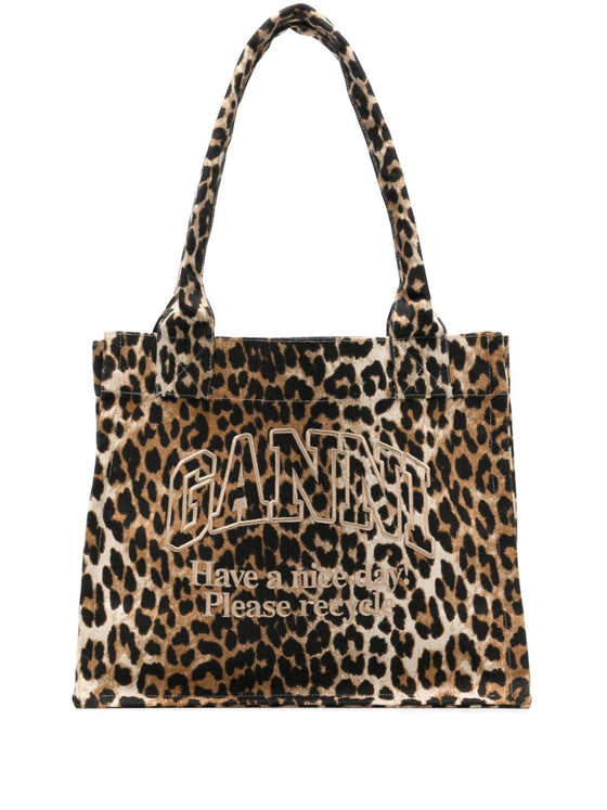 Ganni large leopard-print canvas tote bag