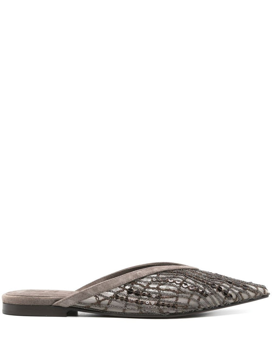 Brunello Cucinelli Flats Glistening Abstract Embroidery in suede