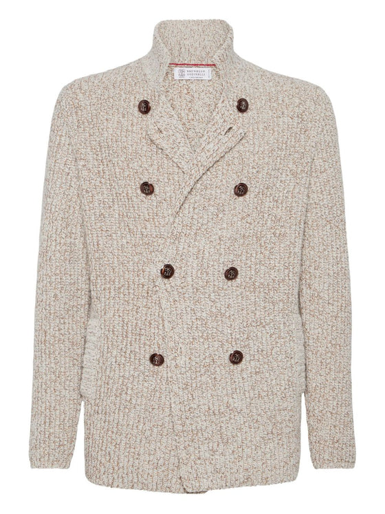 Brunello Cucinelli Mouliné virgin wool, silk and cashmere half English rib one-and-a-half breasted cardigan with metal buttons