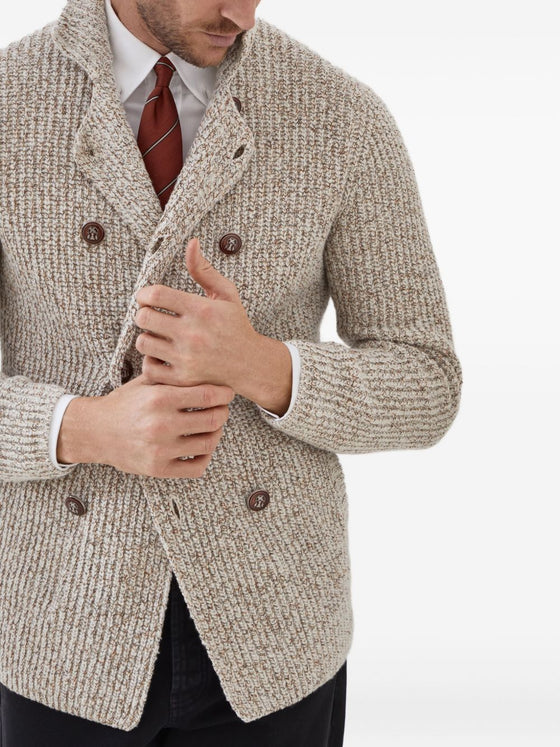 Brunello Cucinelli Mouliné virgin wool, silk and cashmere half English rib one-and-a-half breasted cardigan with metal buttons