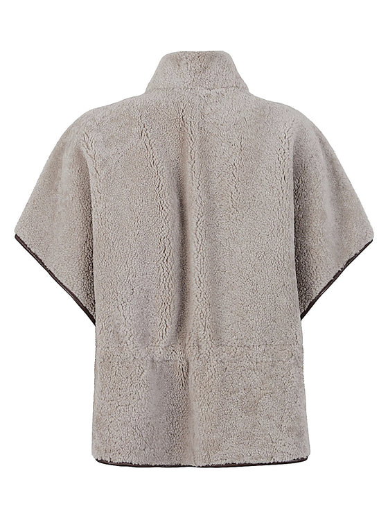 Brunello Cucinelli Curly Shearling Short Sleeve Outerwear with Shiny Zipper Pull