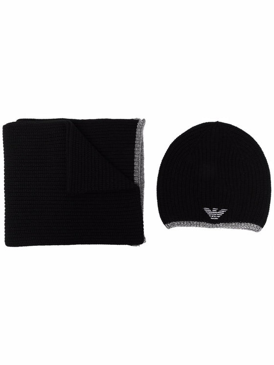 Emporio Armani ribbed knit embroidered logo scarf & beanie set