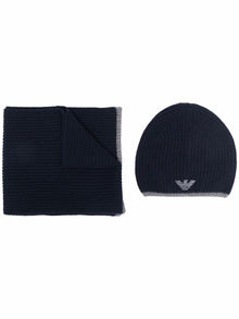  Emporio Armani ribbed knit embroidered logo scarf & beanie set