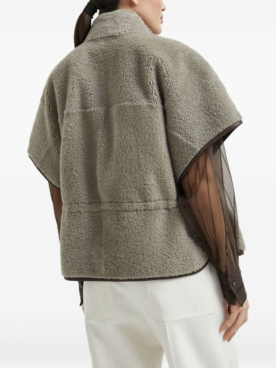 Brunello Cucinelli Curly Shearling Short Sleeve Outerwear with Shiny Zipper Pull