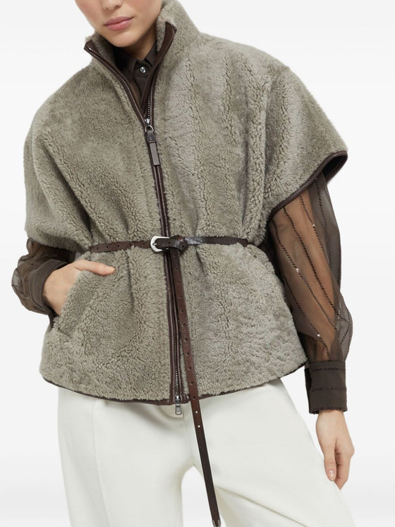 Brunello Cucinelli Curly Shearling Short Sleeve Outerwear with Shiny Zipper Pull
