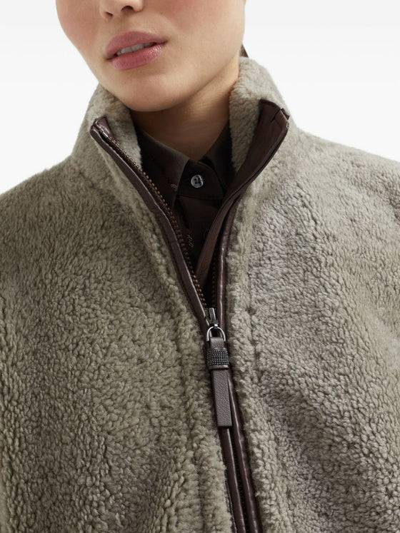 Brunello Cucinelli Curly Shearling Short Sleeve Outerwear with Shiny Zipper Pull