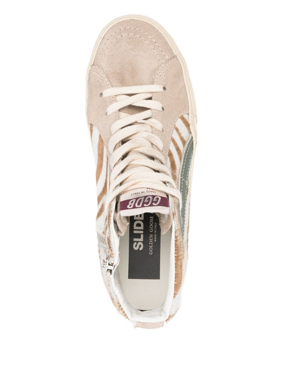 Golden Goose Slide in zebra-print pony skin with laminated leather flash