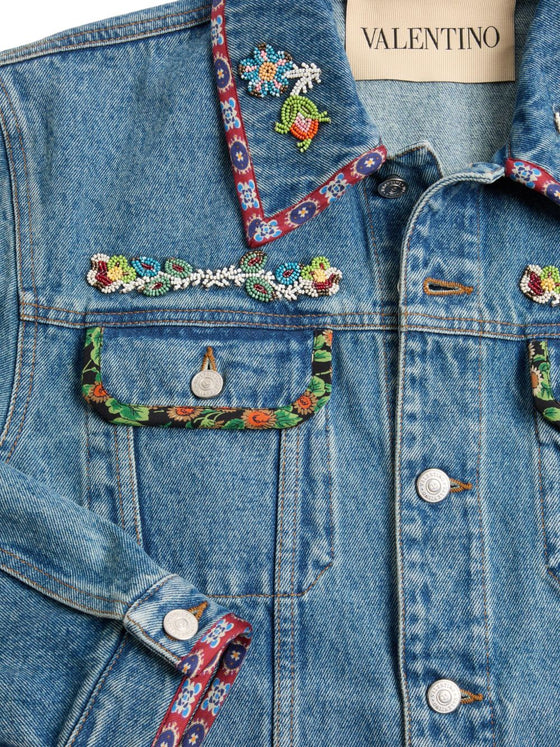 Valentino Bead-Embellished Floral-Trimmed Denim Jacket