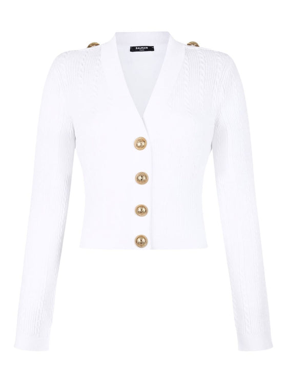 Balmain Button-Trim Cable-Knit Cardigan