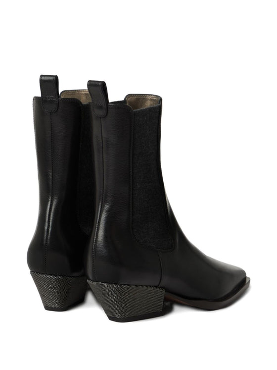 Brunello Cucinelli Classic Leather Chelsea Boot with Precious Block Heels