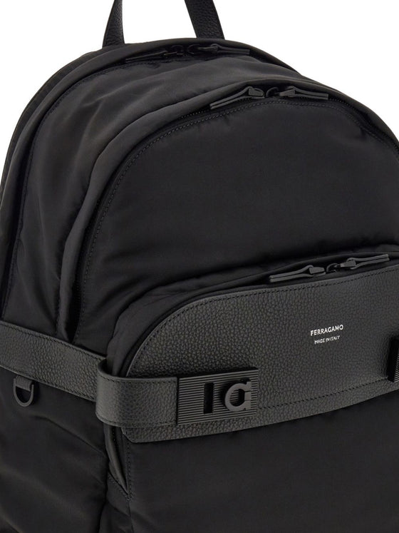 Ferragamo Men's Black Twins Nylon Backpack