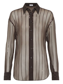  Brunello Cucinelli Crispy silk shirt with dazzling chalk stripe embroidery