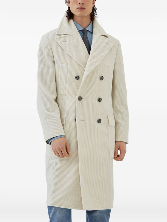 Brunello Cucinelli One-and-a-half-breasted coat in wide cashmere corduroy with patch pockets and metal buttons