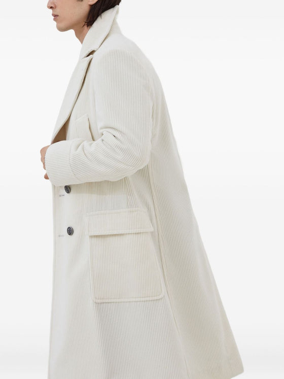 Brunello Cucinelli One-and-a-half-breasted coat in wide cashmere corduroy with patch pockets and metal buttons