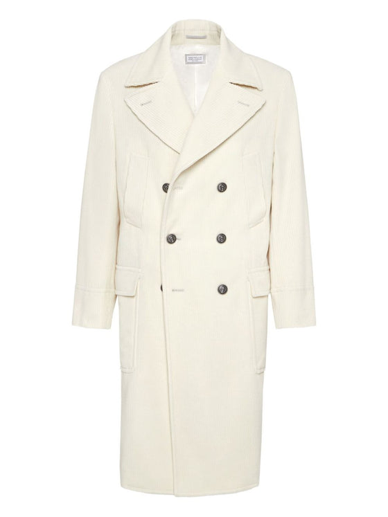 Brunello Cucinelli One-and-a-half-breasted coat in wide cashmere corduroy with patch pockets and metal buttons