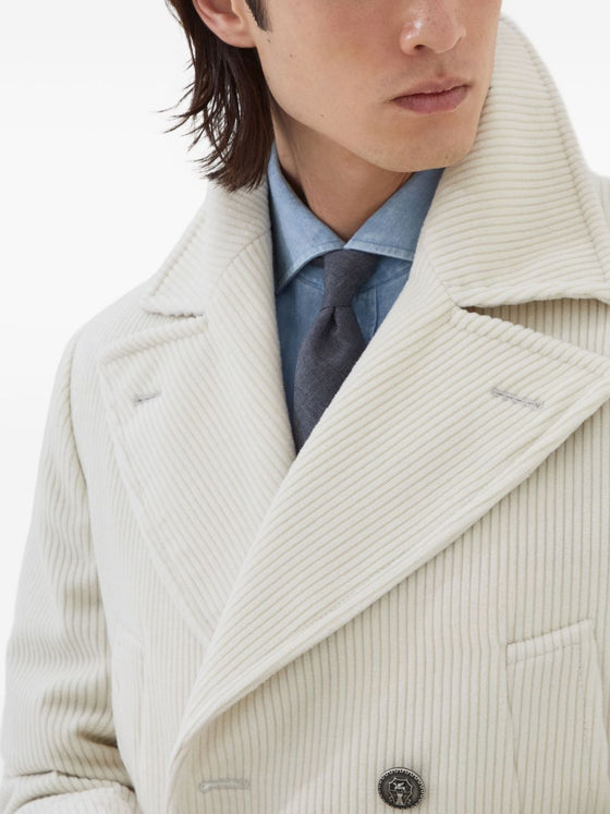 Brunello Cucinelli One-and-a-half-breasted coat in wide cashmere corduroy with patch pockets and metal buttons