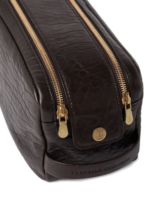 Brunello Cucinelli Textured grain leather beauty case with double zip