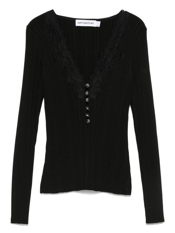 Self-Portrait Lace-trimmed ribbed top