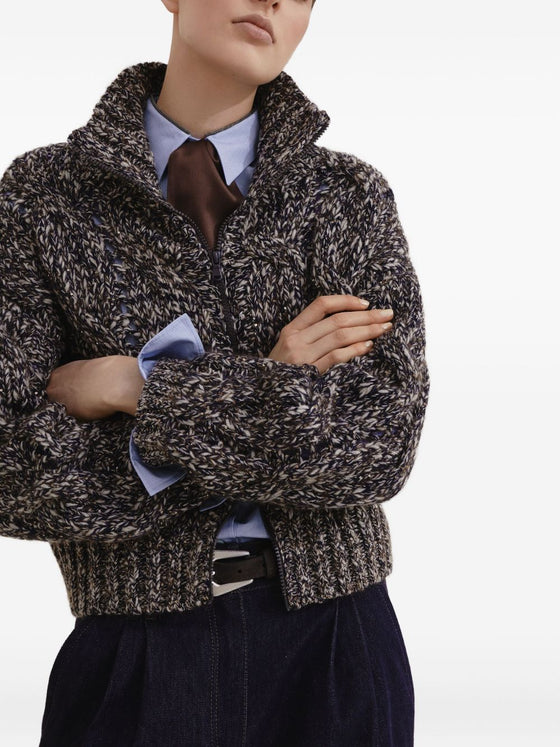 Brunello Cucinelli Dazzling chiné cable knit cardigan in soft wool, cashmere and mohair with zipper
