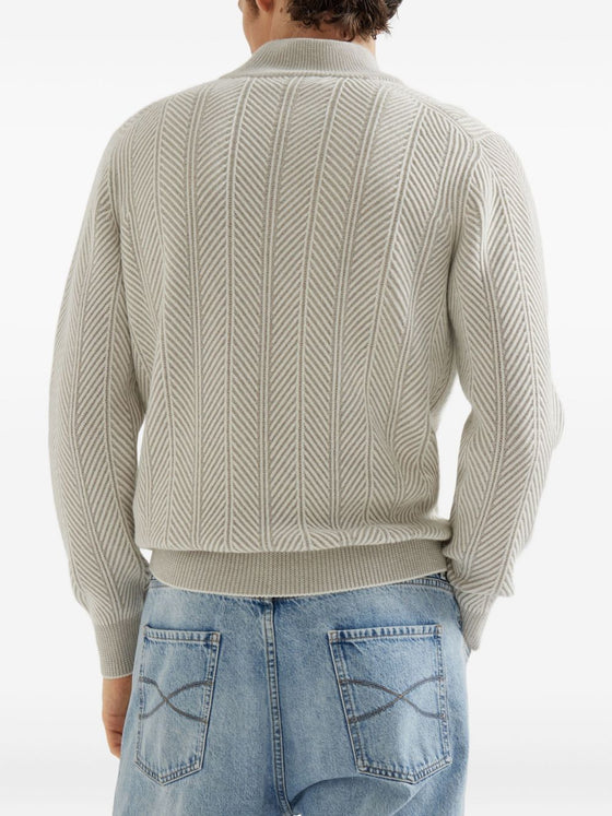 Brunello Cucinelli Herringbone twill zip-neck sweater
