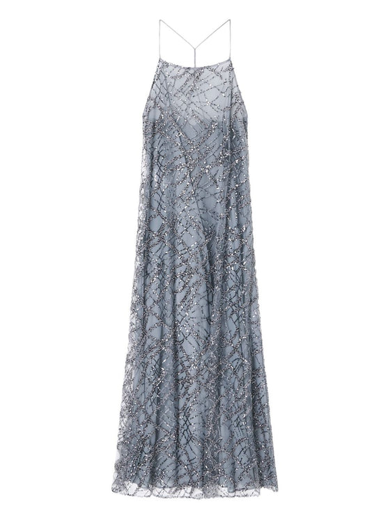Emporio Armani Long tulle dress with all-over micro sequin and jet embroidery