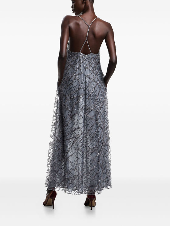 Emporio Armani Long tulle dress with all-over micro sequin and jet embroidery