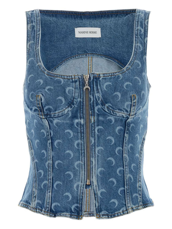 Marine Serre Moon Laser Denim Bustier Top