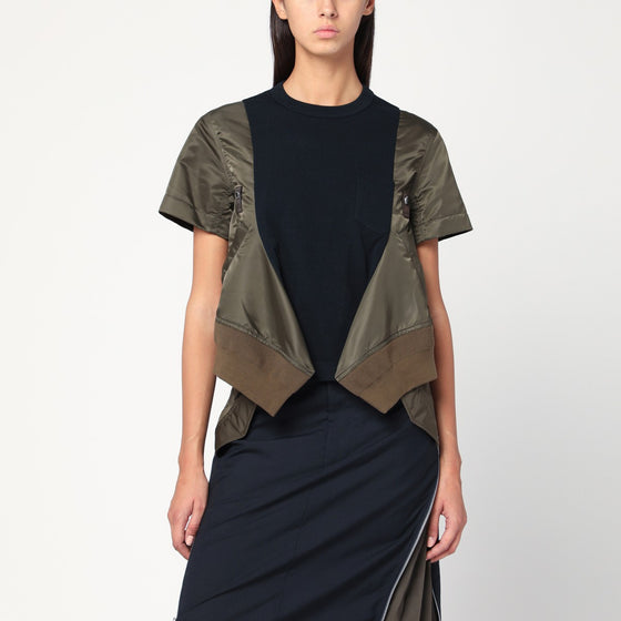 Sacai Navy/kaki cotton and nylon T-shirt