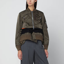  Sacai Khaki green bi-material bomber jacket with zip