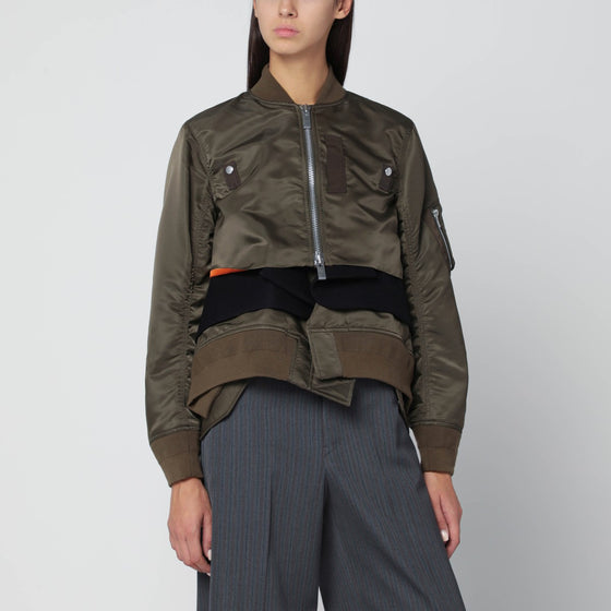 Sacai Khaki green bi-material bomber jacket with zip