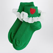  Mini Rodini Green socks with embroidered strawberries and lace